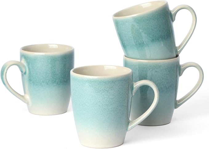 famiware Coffee Mugs Set, 13oz Mug Set of 4, Stoneware Cups for Latte, Hot Tea, Mocha, Cocoa, Cappuccino, Microwave and Dishwasher Safe, Glacier Series, Aqua