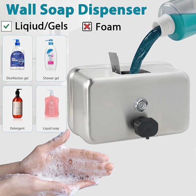 Commercial Stainless Steel Soap Dispenser Wall Mount Horizontal Liquid | 38.8oz Large Capacity, Anti-Leak, Antirust SUS304 Brushed for Bathroom & High-Traffic Areas