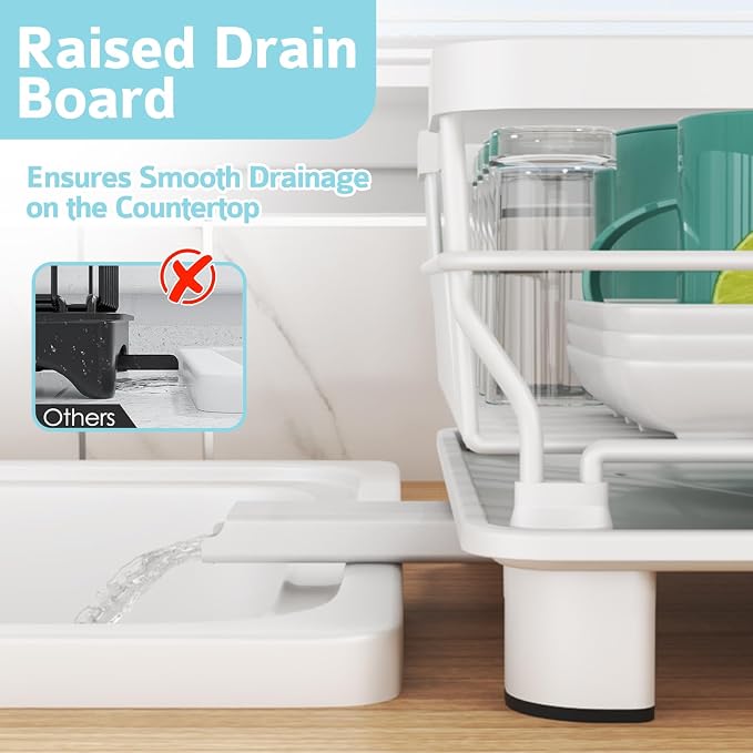 Dish Drying Rack for Kitchen Counter,12.8" W x 16.9" L,White | Space Saving Dish Rack, Self-Draining Drainboard, Rustproof Dish Drainer, Removable Utensil Holder