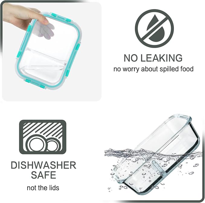 M MCIRCO 10-Pack,30 Oz Glass Meal Prep Containers 2 Compartments Airtight Lunch Bento Boxes with Lids, Glass Food Storage Containers, Microwave, Oven, Freezer and Dishwasher, Green
