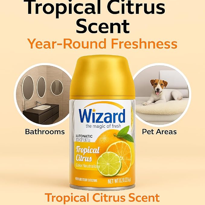 Wizard Automatic Spray Refill – Tropical Citrus, 5 oz (12 Pack) | Compatible with Air Wick Freshmatic & Glade Dispensers | Long Lasting Odor Neutralizer for Home & Office