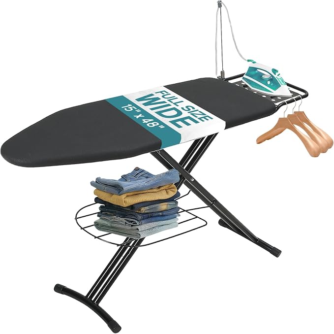 Ironing Board 48x15 in, RAINHOL Large Heavy Duty Ironing Boards Full Size with Pad and Cover, Height Adjustable Iron Stand with Storage Tray and Iron Rest, Black