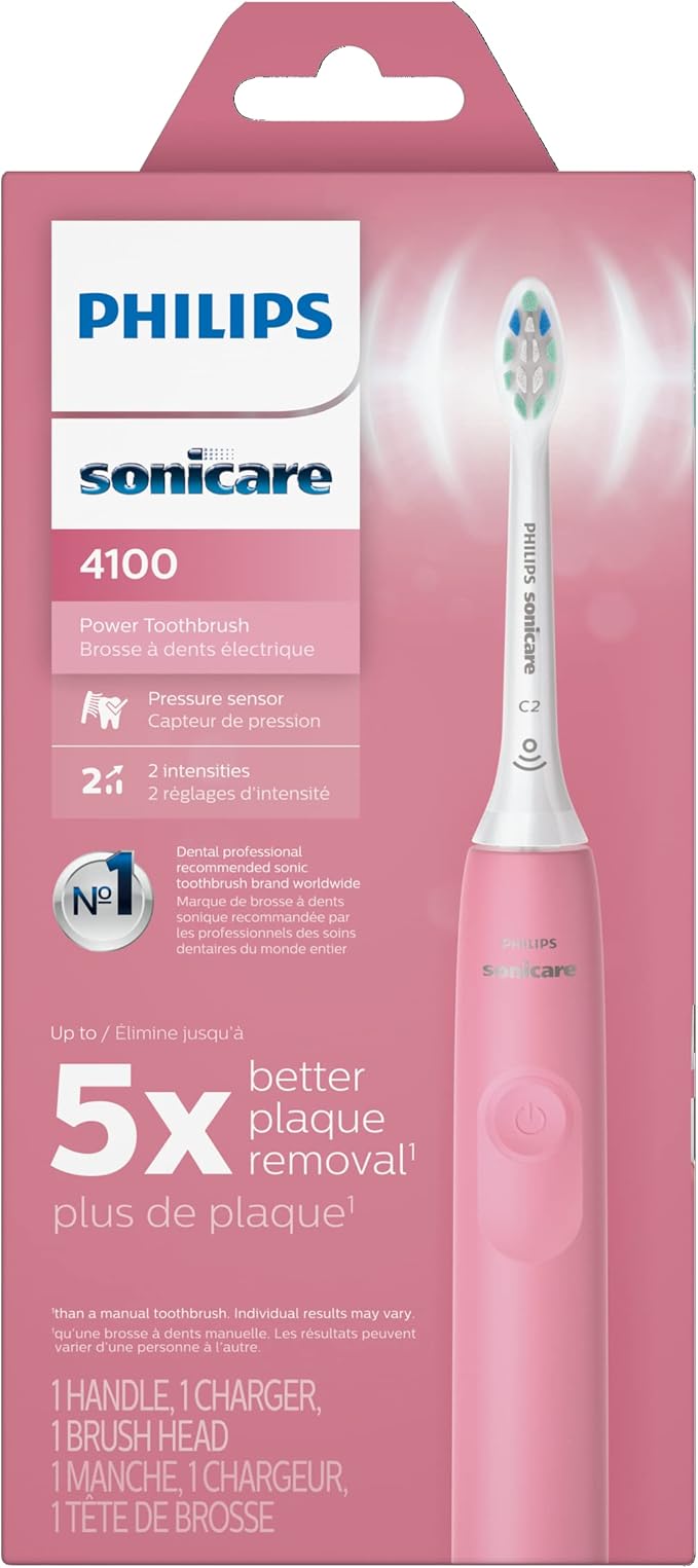 Philips Sonicare 4100 Electric Rechargeable Power Toothbrush, Pink, with Genuine Philips Sonicare Optimal Plaque Control Replacement Toothbrush Heads, White, 3 Pack
