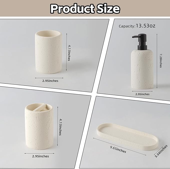 Bathroom Accessories Set,4 PCS Travertine Stone Look Collection,Cream | Modern Bath Organizer with 13.53 OZ Soap Dispenser, Toothbrush Holder, Tumbler, Vanity Tray for Countertop Kitchen Sink
