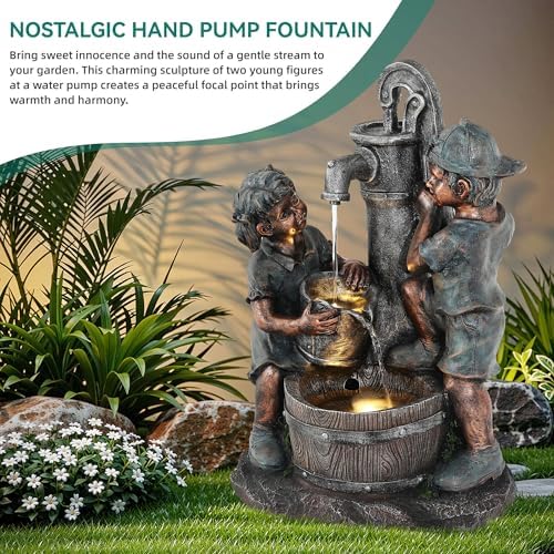 26" Boy and Girl Outdoor Fountain LED 3-Tier Cascading Waterfall
