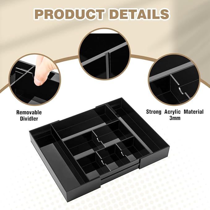 Briwooody 1 Pcs Acrylic Vanity Organizer 9'' up to 18'' x 12'' x 2.1'' Expandable Makeup Organizer Trays with 8 Adjustable Compartments Black Desk Accessories for Beauty, Kitchen, Office, Bathroom
