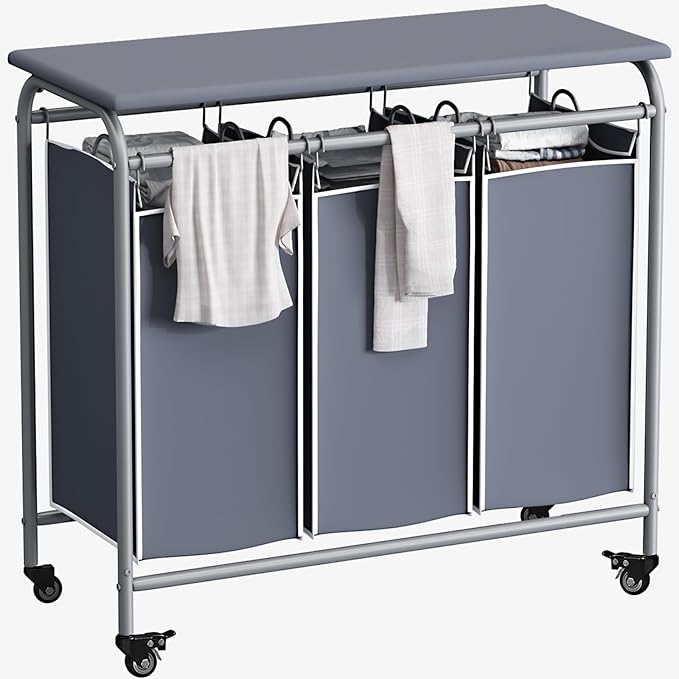 LINZINAR 3-Bag Laundry Hamper with Ironing Board, Grey 135L Laundry Sorter | Laundry Room Organization with Heavy Duty Rolling Lockable Wheels and Removable Bag, Bedroom Laundry Cart for Clothes Storage