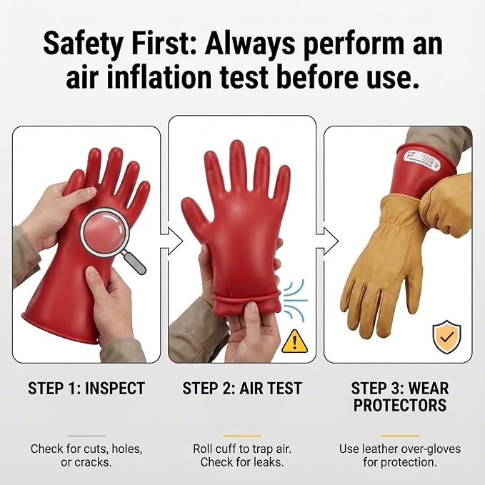 Electrical Insulated Gloves - 5KV Tested Rubber Safety Work Gloves for Electrician, Hybrid EV Car Repair & HVAC - Class 0 Level Protection (Max Use 1000V), Red