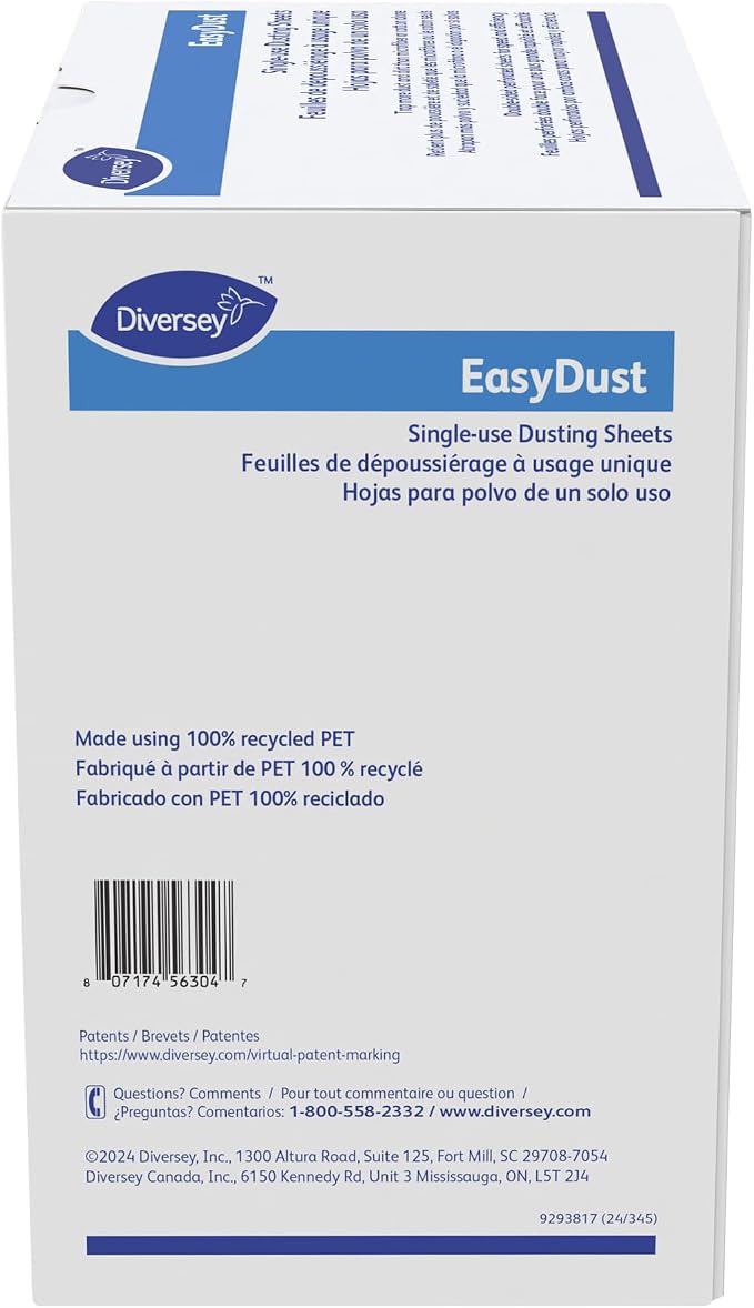 Diversey 9292466 EasyDust Single-use Dusting Sheets, Disposable Multisurface Cleaning Wipes for Floors, Dust Wipes Trap Dirt, Unscented 5x6-inch Sheets, 250-Sheets, 1-Box (Pack of 6)