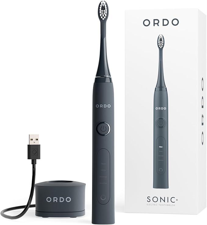 ORDO Sonic+ Electric Toothbrush for Adults, Advanced Tech, 4 Brushing Modes, Fast Rechargeable, Sonic Toothbrushes Over 4 Weeks Battery Life, Silicone Polishing Element, USB Charger, Charcoal Grey