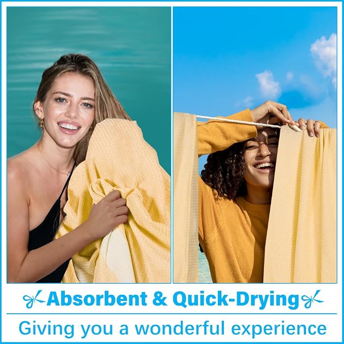 Vikumond Turkish Beach Towel Blanket Oversized 88x82 Inch Quick Dry Yellow | Lightweight Compact Portable Sand Free Absorbent Boho Woven Throw for Pool Swimming Picnic Camping Cruise Outdoor Essentials
