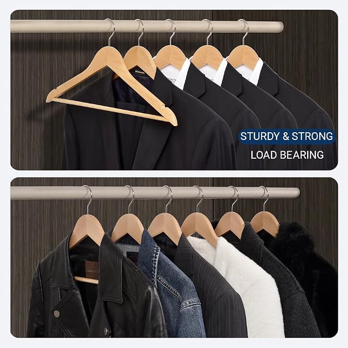 Amber Home 30 Pack Wooden Coat Hangers, Natural Wood Suit Hangers with Non-Slip Pant Bar, Clothes Hangers for Closet Organization, Shirts, Jackets, Dresses, and Pants (Natural, 30)