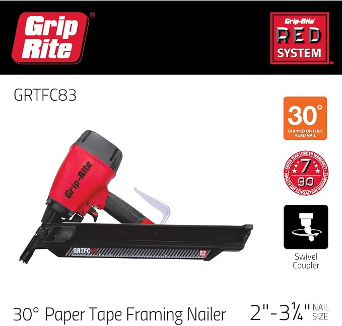 Grip-Rite GRTFC83 30-Degree Short Body Paper Tape Framing Nailer, Accepts 2" to 3-1/4" Clipped and Round Head Paper Tape Framing Nails