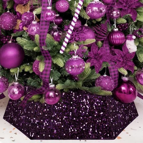 XmasExp Christmas Tree Collar, 33.5 inch Sequin Tree Skirt Stand Base Cover for Home Decor, Large Size 6 Piece, Purple
