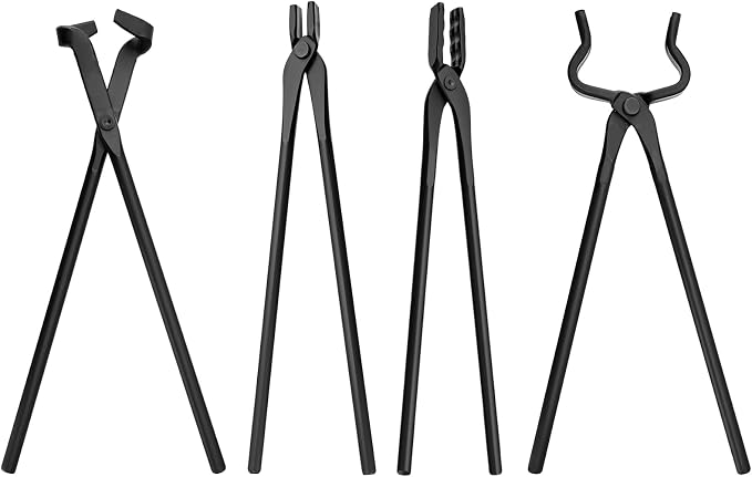 Blacksmith Tongs Set 4PCS, V-Bit Blade Tongs, Flat Tongs, Blade Tongs and Wolf Jaw Tongs for Knife Making, Bladesmithing and Blacksmithing Tool - Heavy Duty Steel, Heat-Resistant for Forging