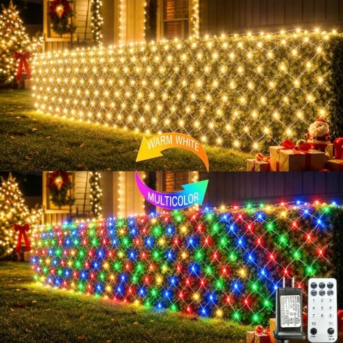Lovelite 510 LED Christmas Net Lights Dual Color Changing, 28ft x 5ft Mesh Lights Outdoor Green Wire 11 Modes, Waterproof String Lights for Bushes Tree Garden Holiday Party - Warm White & Multicolor