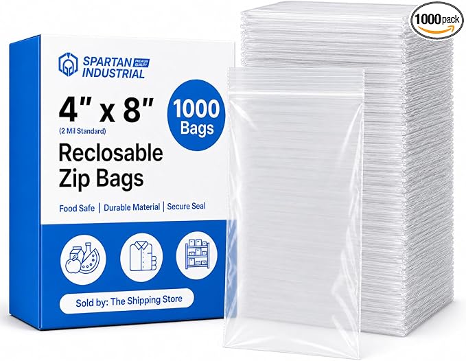 Spartan Industrial - 4” X 8” (1000 Count) 2 Mil Clear Reclosable Zip Plastic Poly Bags with Resealable Lock Seal Zipper