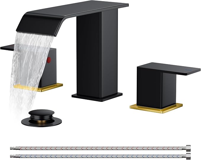 FORIOUS Black and Gold Bathroom Faucet 3 Hole, 2 Handles 8 Inch Widespread Waterfall Bathroom Sink Faucet with Metal Pop-Up Drain and 24" Water Hoses, for Vanity RV Restroom