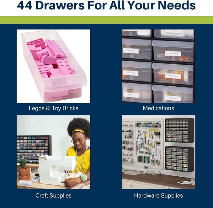 Akro-Mils 44-Drawer Plastic Drawer Storage Cabinet for Garage Organization, Bead Organizer, Building Bricks Storage, Teacher Toolbox, Makeup Organizer, 20-Inch W x 6-Inch D x 16-Inch H, 10144 Yellow