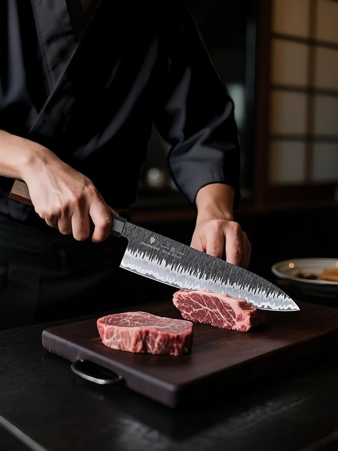 8 Inch Japanese Chef Knife, Hand Forged Gyuto Knife 9 Layers | High Carbon 10CR15MOV Steel Kitchen Knife Ultra Sharp Professional Japanese Sashimi Knife with Ergonomic Rosewood Handle