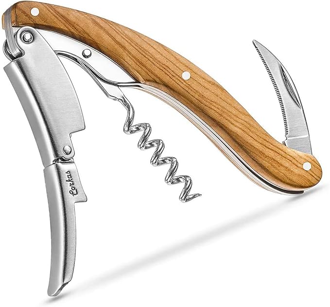 CORKAS Executive Corkscrew,High-end Wine Opener with Full Olivewood Handle,Double Worm Corkscrew,Serrated Foil Cutter,Large-sized Design,Bigger,Heavier and Professional(5.5×1.5×0.7 inch/6.6 oz)