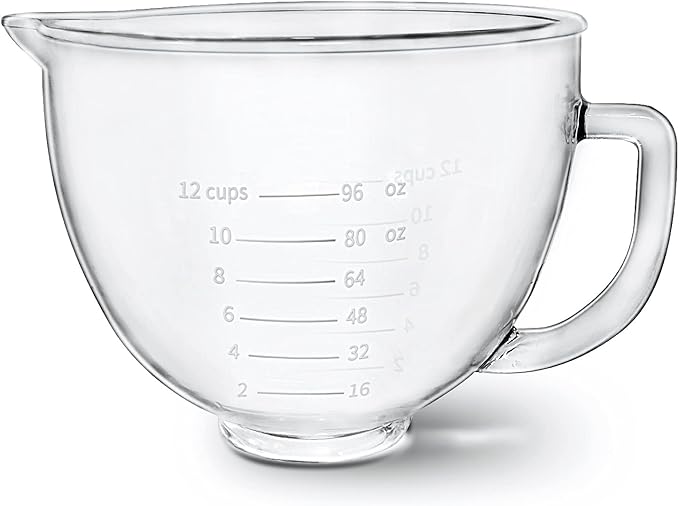 Glass Mixer Bowl For Kitchenaid Tilt-Head Stand Mixers 4.5-5 Quart, 5 qt Mixing Bowl Replacement For Kitchen aid With Measurement Markings,Handle