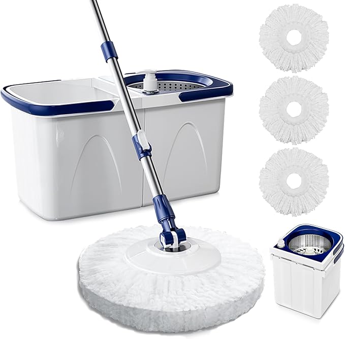 Spin Mop and Bucket with Wringer Set Two-Detachable Bucket Design Mop System, Separate Clean and Dirty Water 360° Spinning Floor Cleaning with 51" Adjustable Handle-3Mop Heads