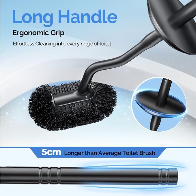 HAMITOR Toilet Brush and Holder Set: Stainless Steel Heavy Duty Bowl Cleaner Brush - Deep Cleaning Under Rim Curved Bristle - Space Saving Wall-Mounted for Home RV Bathroom Accessories Black 2 Pack