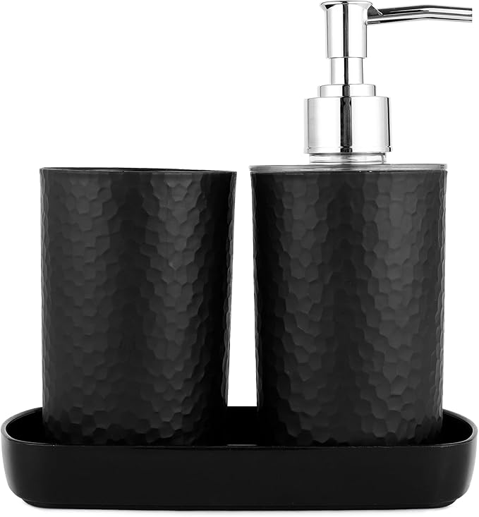 Bathroom Accessories Set of 3, Toothbrush Holder, Liquid Soap Dispenser & Tray, Unbreakable Plastic Organizer for Sink & Bathroom Essentials, Handwash, Sanitizer, Shampoo, Lotion (Black)