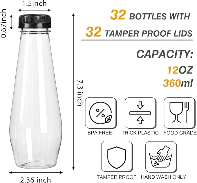 TOMNK 32pcs 12oz Juice Bottles, Empty Plastic Juicing Bottles with Caps, Cone Reusable Bottles Clear Bulk Beverage Containers for Juicing, Drinking, Milkshake, Tea and Other Beverages