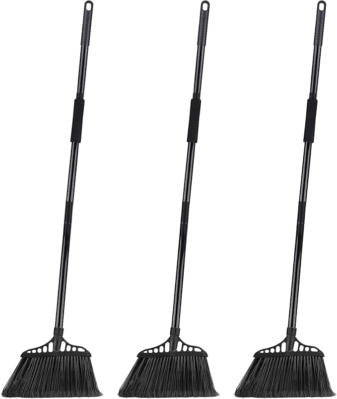 Tiumso 3-Pack Heavy Duty Broom, Commercial Broom with 55" Long Handle Outdoor Indoor, Industrial Brooms for Sweeping Garage Concrete Courtyard Patio Home Kitchen Office - All Black