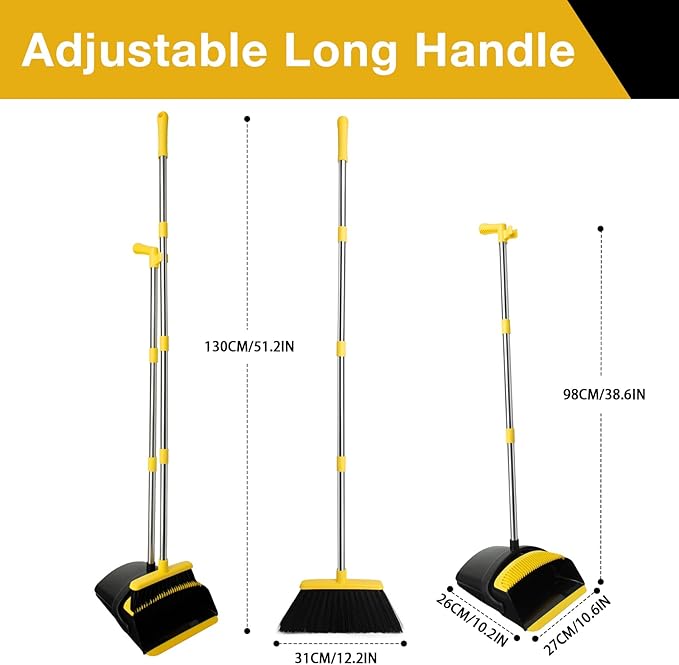 Broom and Dustpan Set, Long Handle Lightweight Dustpans with Broom Combo for Home, Indoor&Outdoor Sweeping for Home Room Kitchen Office Lobby (Black Yellow)