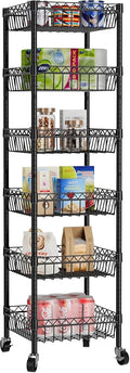 Golpart 6 Shelves Storage Shelf Wire Closet Bathroom Organizers Metal Pantry Kitchen Garage Shelving Unit Laundry Room Organization Home Rack Net Basket Black with Wheels 14" Dx14 Wx64.8 H