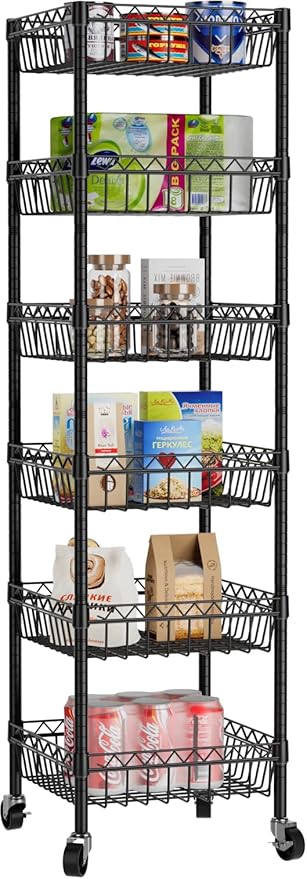 Golpart 6 Shelves Storage Shelf Wire Closet Bathroom Organizers Metal Pantry Kitchen Garage Shelving Unit Laundry Room Organization Home Rack Net Basket Black with Wheels 14" Dx14 Wx64.8 H