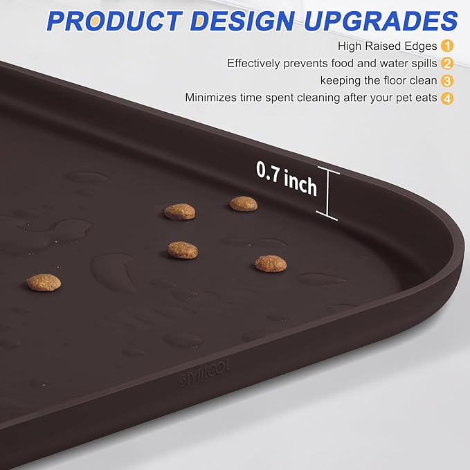 SMILOOL Waterproof Silicone Pet Food Mat with Raised Edge for Dog & Cat | 19" x 12" Non-Slip Pet Feeding Mats with Lip for Food & Water Bowl, Food Grade, Easy Cleaning, Dark Brown