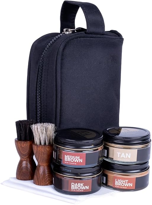 FootFitter Travel Shoe Shine Kit, Conditioning Creams & Applicators | Compact Leather Conditioning Applicators, Premium Shoe Creams, Shine Cloths & Travel Bag for On the Go Shoe Care
