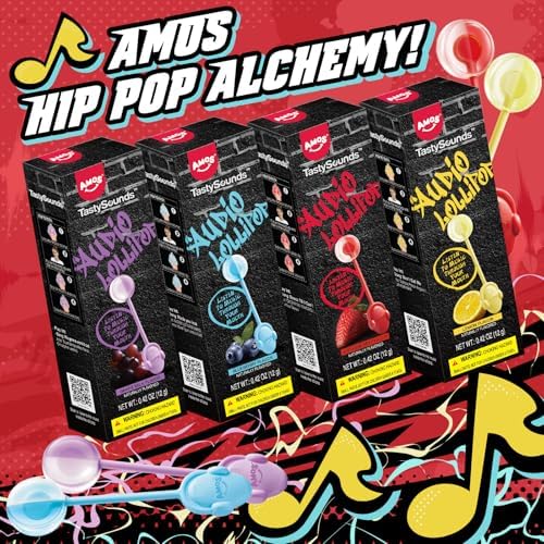 AMOS Music Lollipop Candy Suckers – TastySounds Audio Hip Hop Singing Lollipop, Assorted Fruit Flavors, Sugar-Free, Low-Calorie Snack, 4-Pack Gift Box