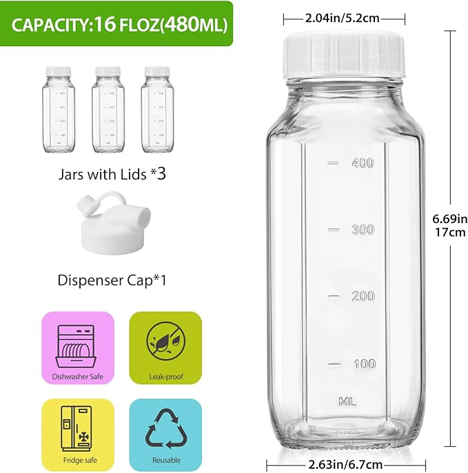 Moretoes Glass Milk Container for Lunch Box, 3 Pack 16 Oz Glass Milk Bottles with Lids, Clear Juice Bottles with 1 Pour Spouts, Reusable Water Bottles with Airtight Caps & Scale for Juicing Containers