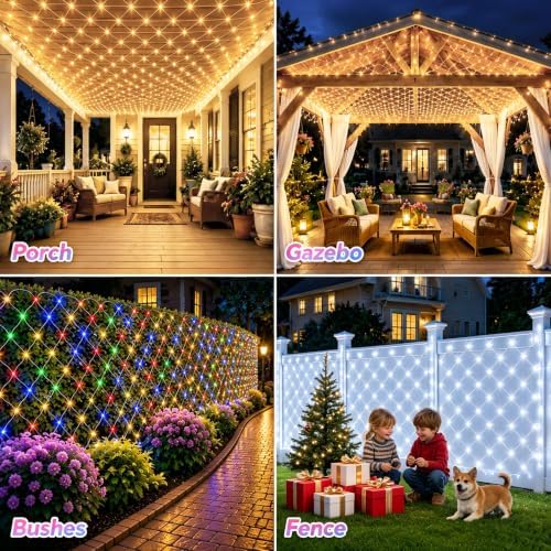 Lovelite 510LED Christmas Net Lights, 28ft x 5ft Net Lights Outdoor 8 Modes, Waterproof Connectable String Lights Green Wire Plug in for Xmas Tree Bushes Garden Holiday Party Decor - Cool White