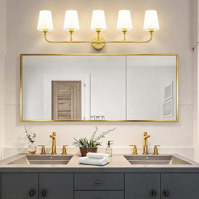 Bathroom Vanity Light, Brushed Gold Bathroom Light Fixtures, 5-Light Lighting Fixtures Over Mirror, Modern Wall Sconce with Flared White Fabric Shade, E26 Socket(ETL Listed)