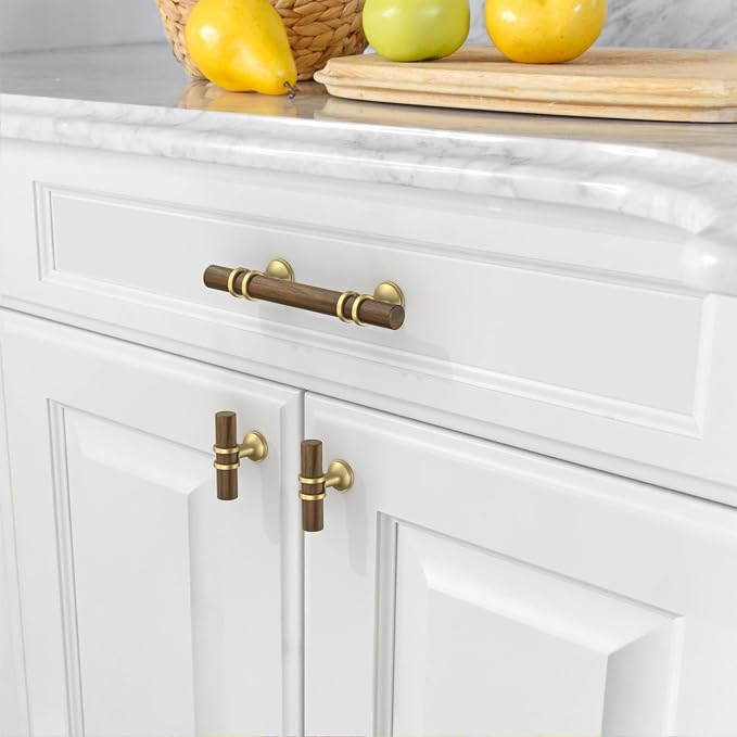 Asidrama 10 Pack 3 Inch(76mm) Wood and Gold Cabinet pulls Kitchen Cabinet Handles, Cabinet Pulls Kitchen Cabinet Hardware for Cupboard Drawer Pulls