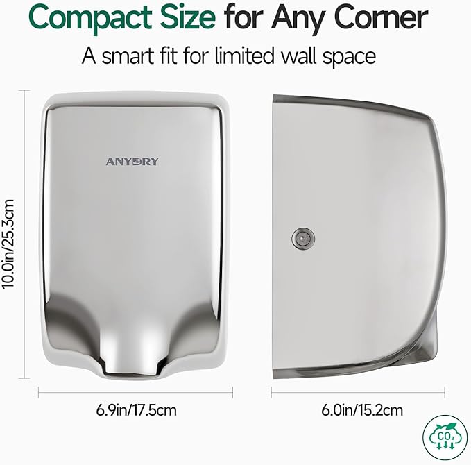 anydry Compact Hand Dryer, High-Speed 1350W Airflow, Polished Stainless Steel Finish, Space-Saving for Commercial & Home Use, Model AD2803Y