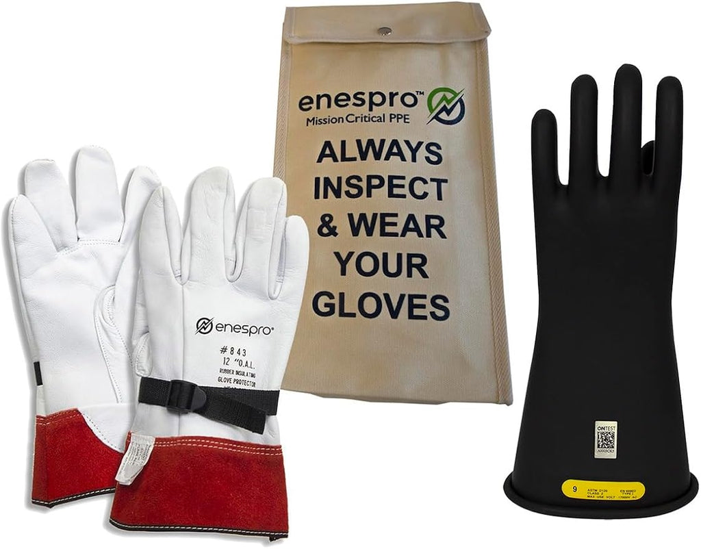 Enespro Class 2 Insulated Electrical Gloves Kit, 17,000V AC/25,500V DC | ASTM D120 & NFPA 70E: Black rubber gloves with leather protectors, storage bag for utility crews, Black, Size 11