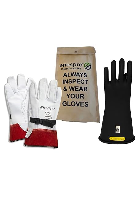 Enespro Class 2 Black Rubber Voltage Insulating Glove Kit with Leather Protectors and Delta Plus Flash-Pro Basic Head-Face Arc Protection Kit