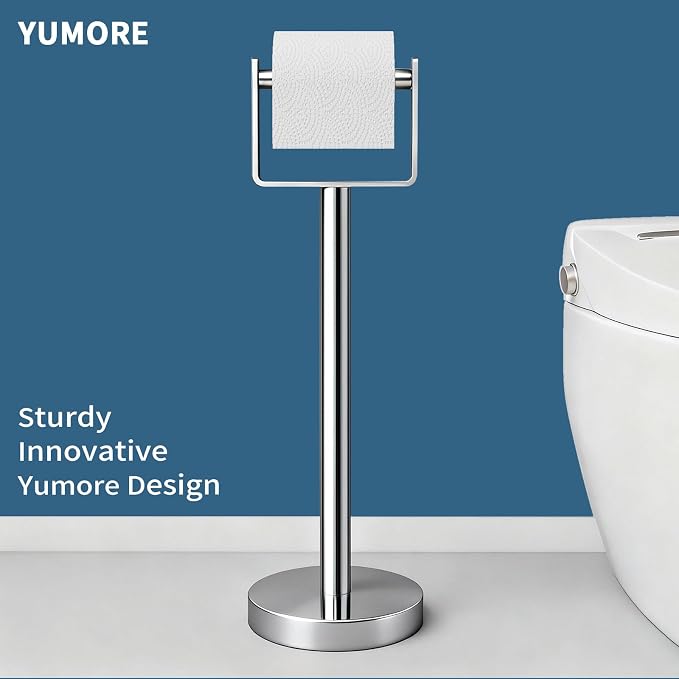 YUMORE Toilet Paper Holder Free Standing, Stainless Steel Toilet Paper Stand, Weighted Base Floor Tissue Roll Holder for Bathroom, Chrome 200UP