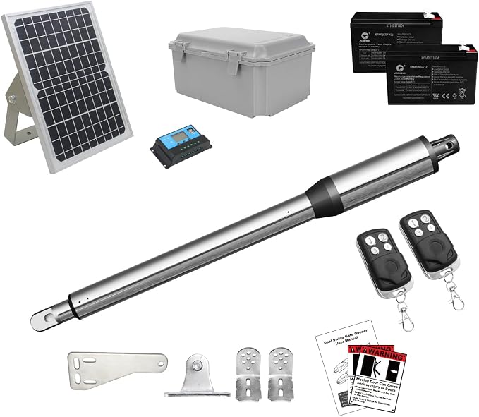 JUJIANG C01 Solar Gate Opener with Batteries & Solar Panel for Single Swing Gates Up to 440lb 12FT Automatic Gate Openers with Remote Complete Kit Light Duty Automatic Gate Openers Solar Powered