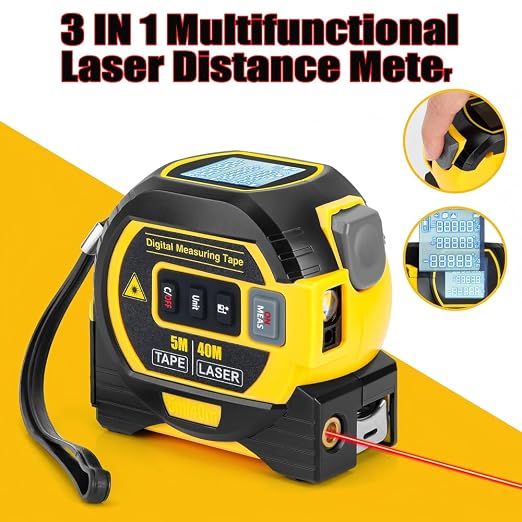 Tape Measure 3-in-1 Laser Digital Measuring Tape Ruler-LCD Backlight 5M/16Ft Tape & Laser 40m/131Ft Rangefinder,Crosshairs Markings,Data Storage,Durable ABS Case/Yellow 1Pack