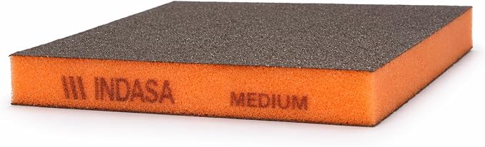 Indasa Rhyno Double Sided Sanding Sponge Pads – Aluminum Oxide, 4.75" x 3.75" x 1/2" – Flexible Foam Sanding Block (100 Pack) (Orange – Medium (120–220 Grit))