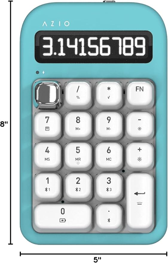 AZIO IZO Wireless Mechanical Calculator & Number Pad (Mint/Silver) - Bluetooth 5.0 & USB, Gateron-Red Mechanical Switch, 9 Backlight Modes, Rechargeable, PC & Mac Compatible, Mint Daisy (IN409)