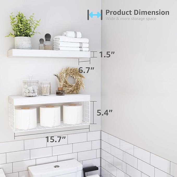 QEEIG White Bathroom Shelves Over Toilet - Wall Mounted Floating Shelves Farmhouse Shelf Toilet Paper Storage Small 16 inch Set of 2 (019-W2)